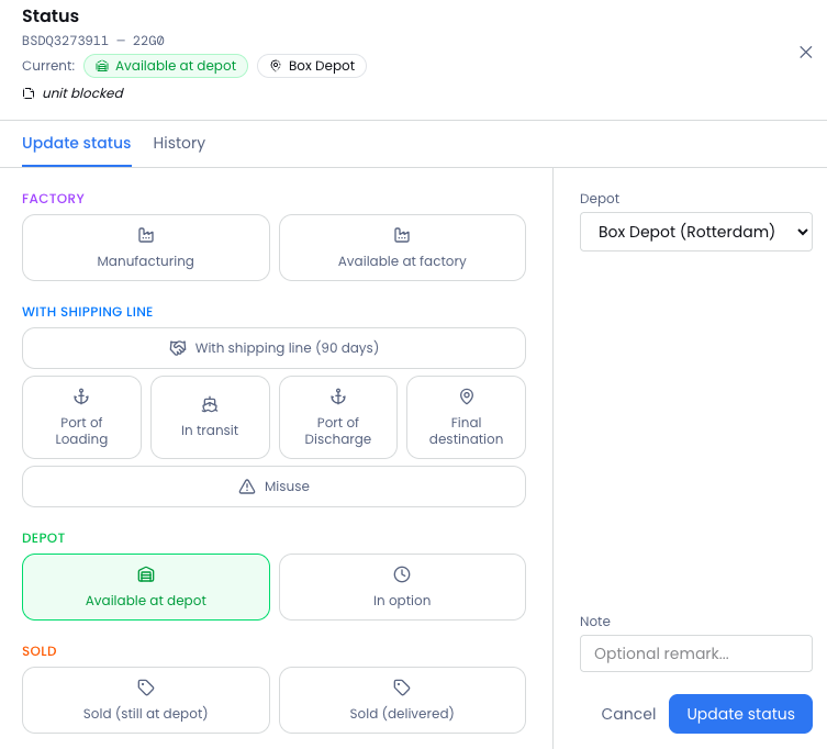 BoxSight container status modal